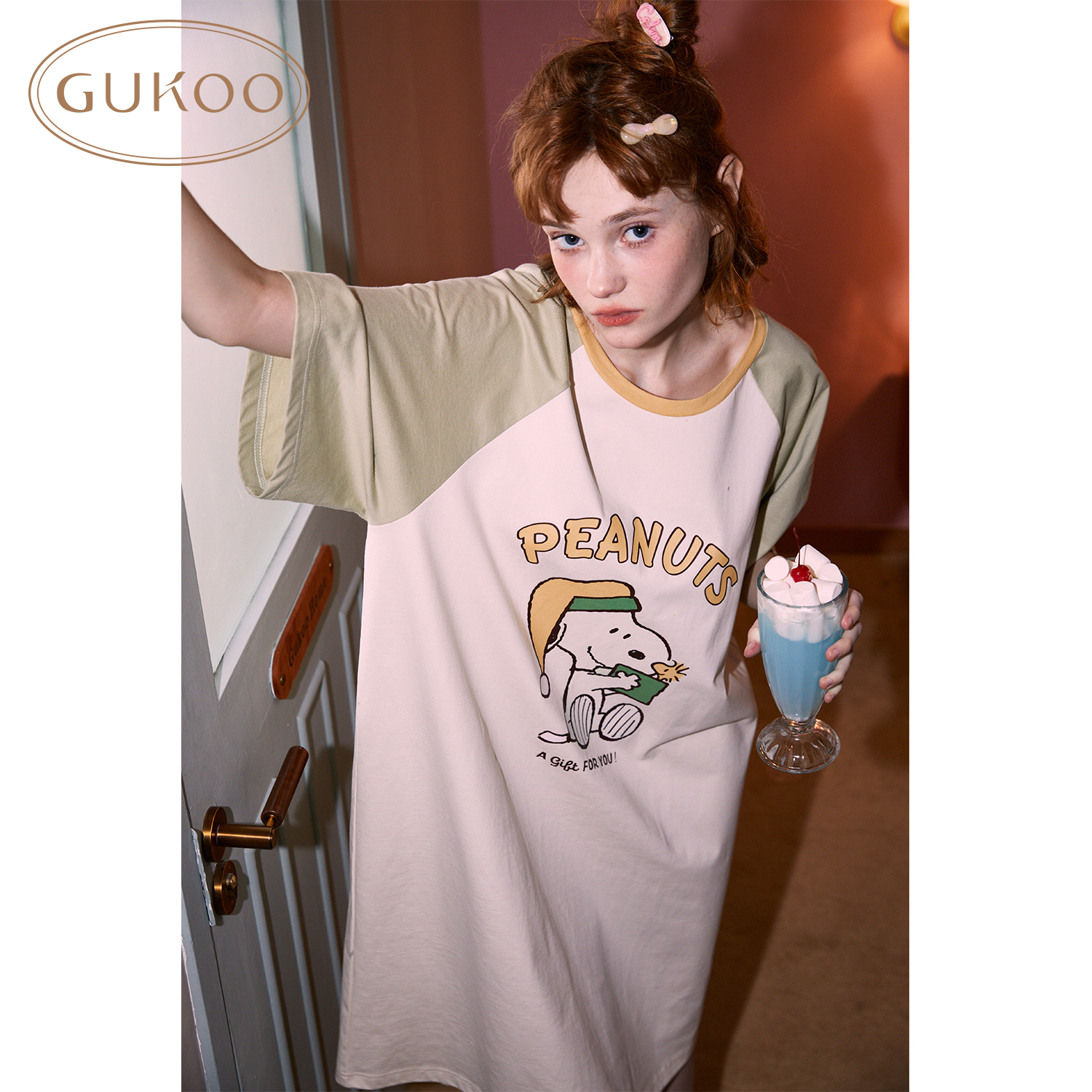 Gukoo/果壳睡裙女夏季卡通印花新款纯棉插肩袖女士家居服睡裙B