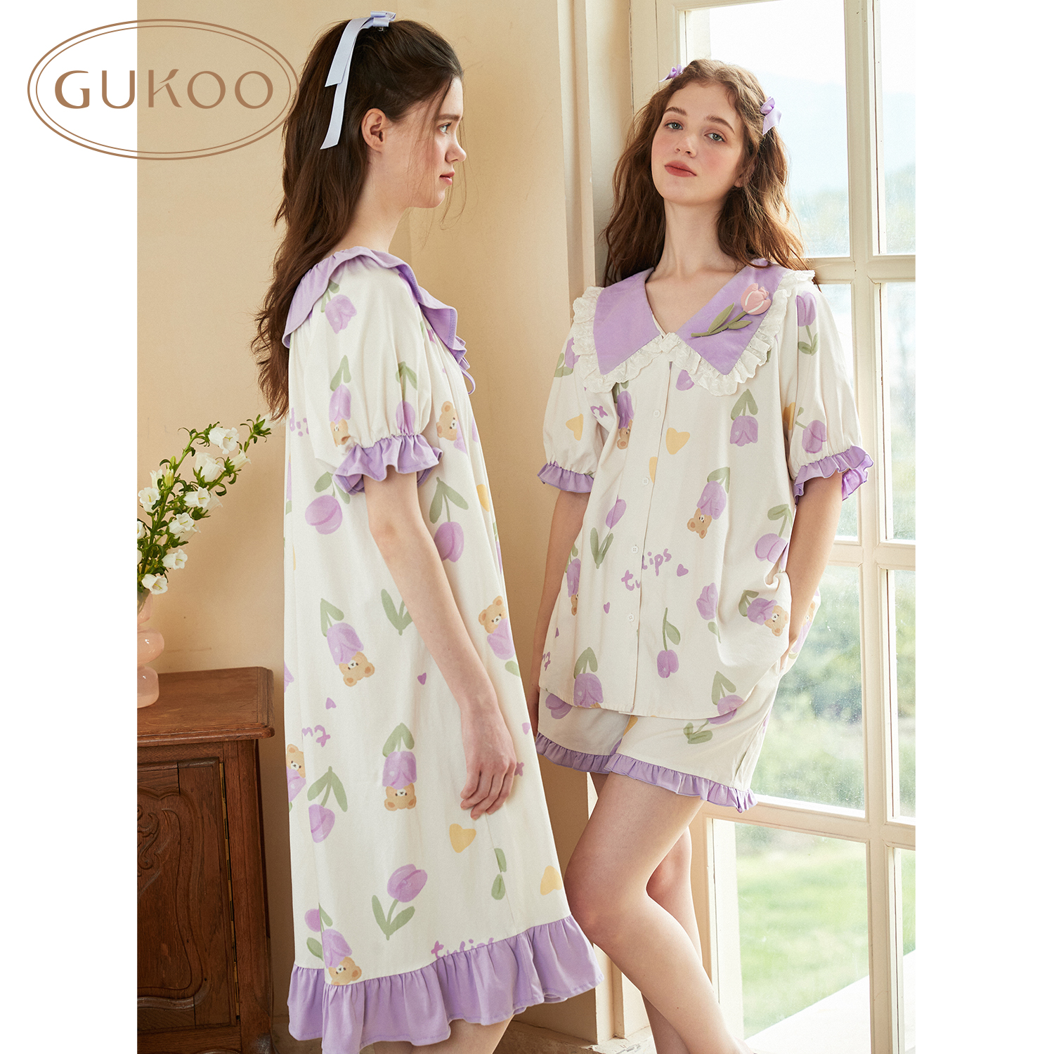 Gukoo/果壳睡衣女甜美郁金香睡裙夏季家居服可爱小熊短袖款睡衣B