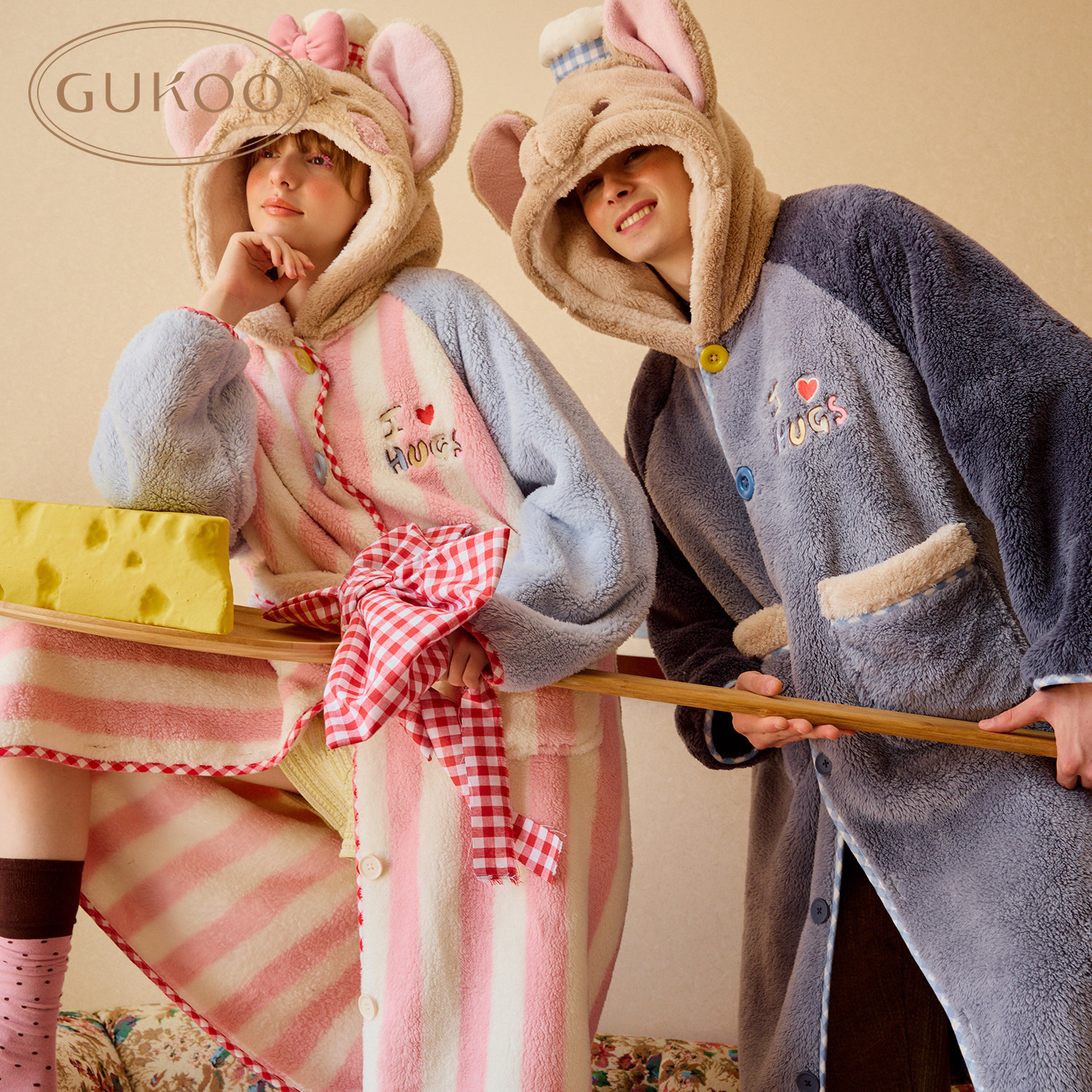 Gukoo果壳情侣睡袍冬季毛绒保暖新款迪士尼小豆联名女家居服睡袍D,淘宝优惠券,粉丝福利购,淘宝优惠卷