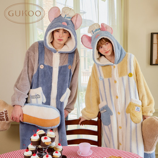 Gukoo/果壳情侣睡袍冬季珊瑚绒保暖新款料理鼠王联名家居服睡袍D