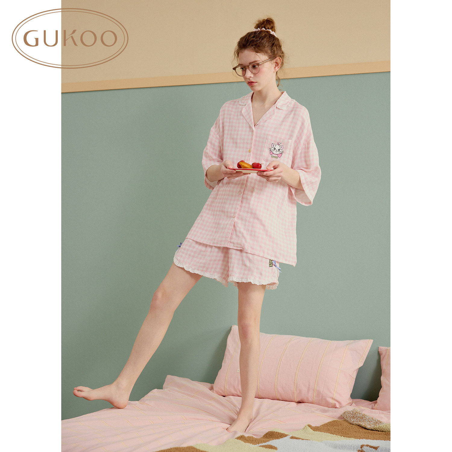 Gukoo果壳睡衣女夏玛丽猫联名无侧缝双层纱织格子纯棉家居服套装B,淘宝优惠券,粉丝福利购,淘宝优惠卷