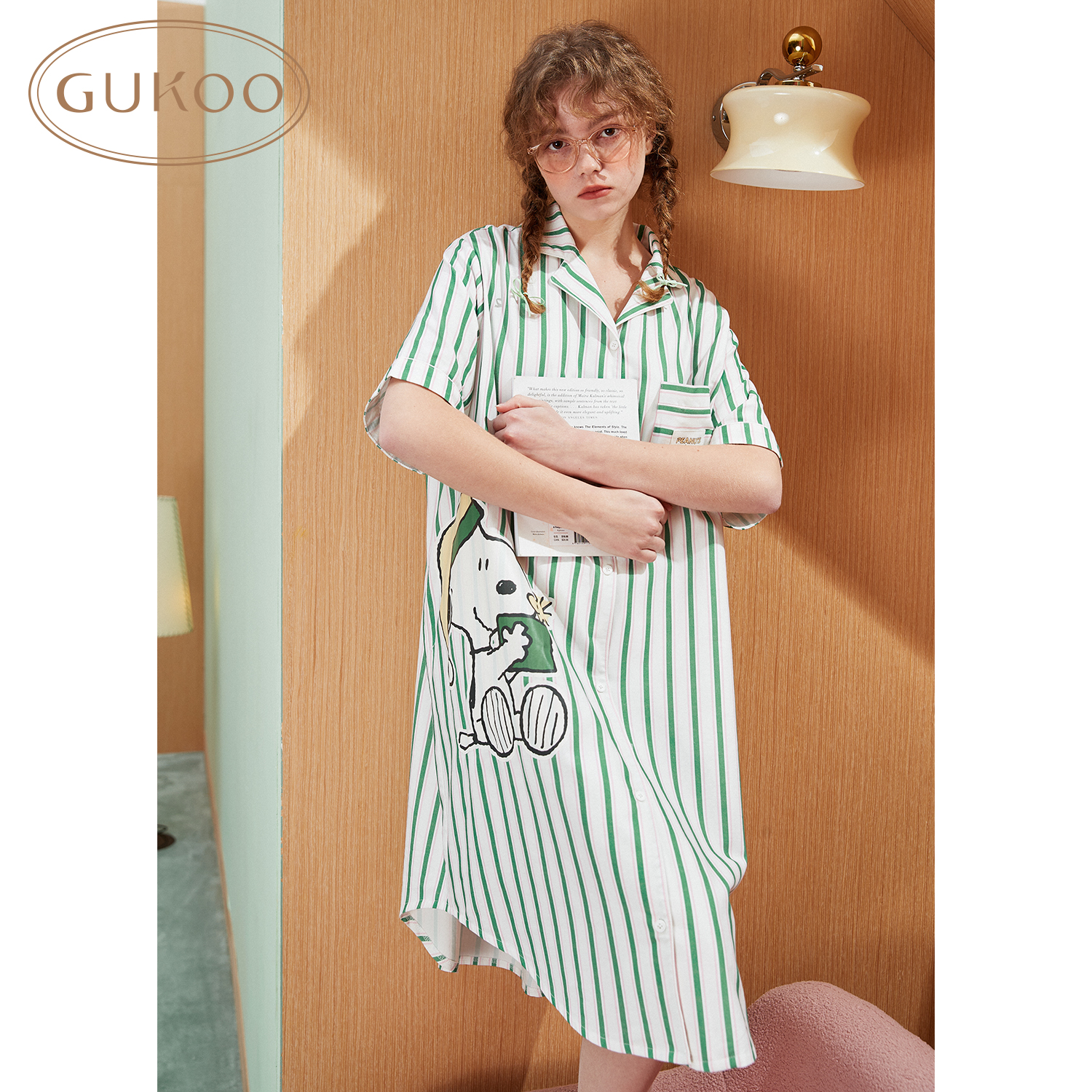 Gukoo/果壳睡裙女夏季新款史努比条纹睡衣卡通短袖家居服衬衫裙B