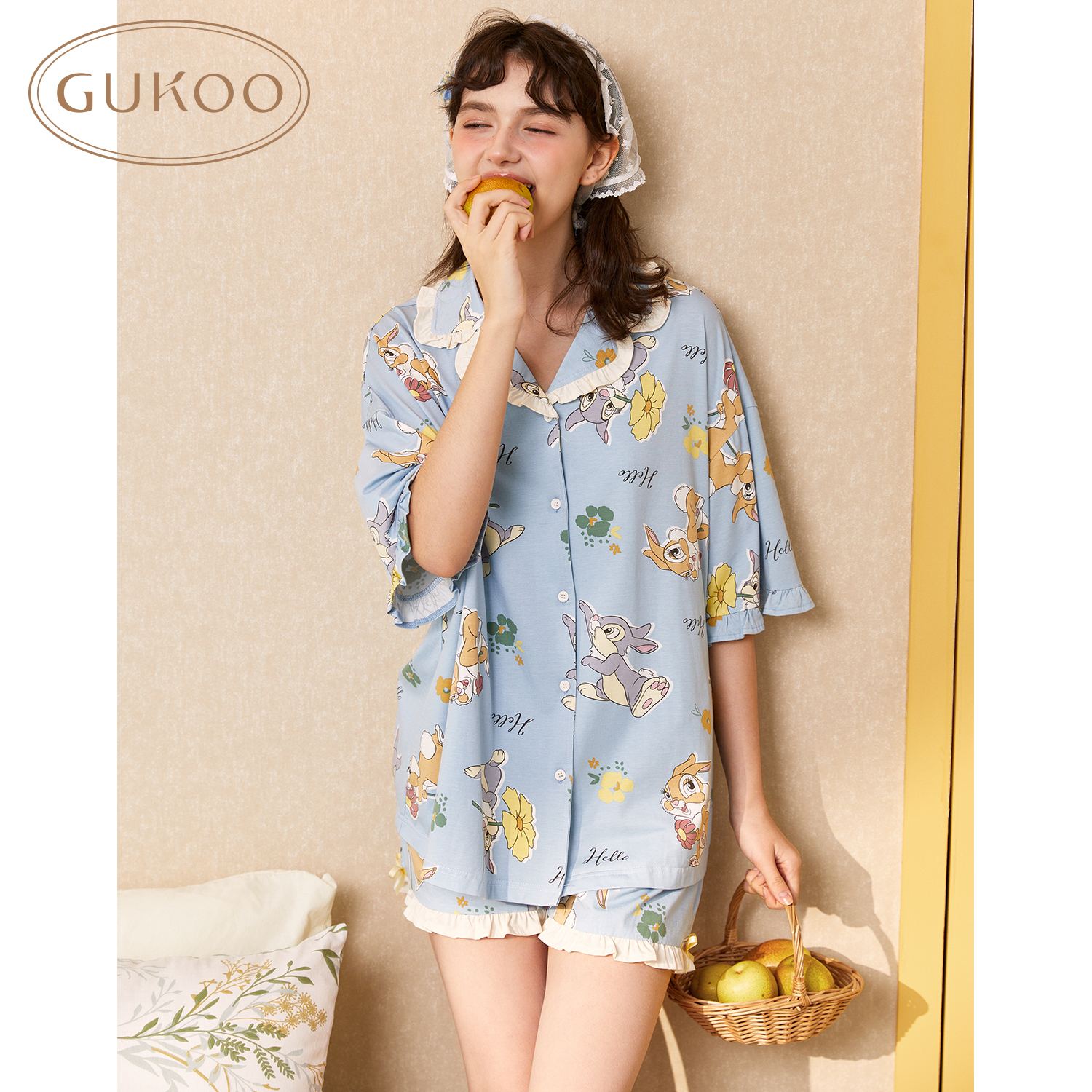 Gukoo/果壳睡衣女夏季小鹿斑比联名新款甜美宽松女士家居服套装B - 图3