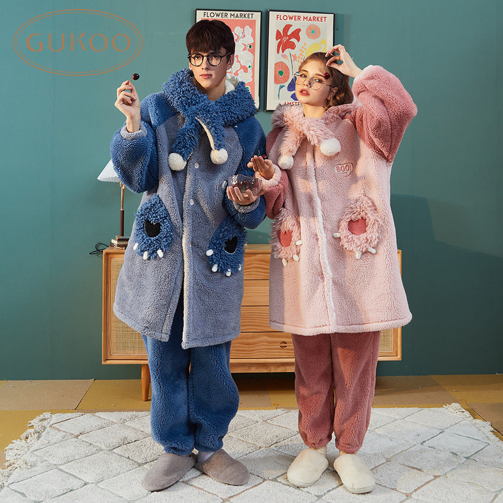 情侣冬新款长款可爱男士珊瑚绒睡衣 gukoo睡袍/浴袍