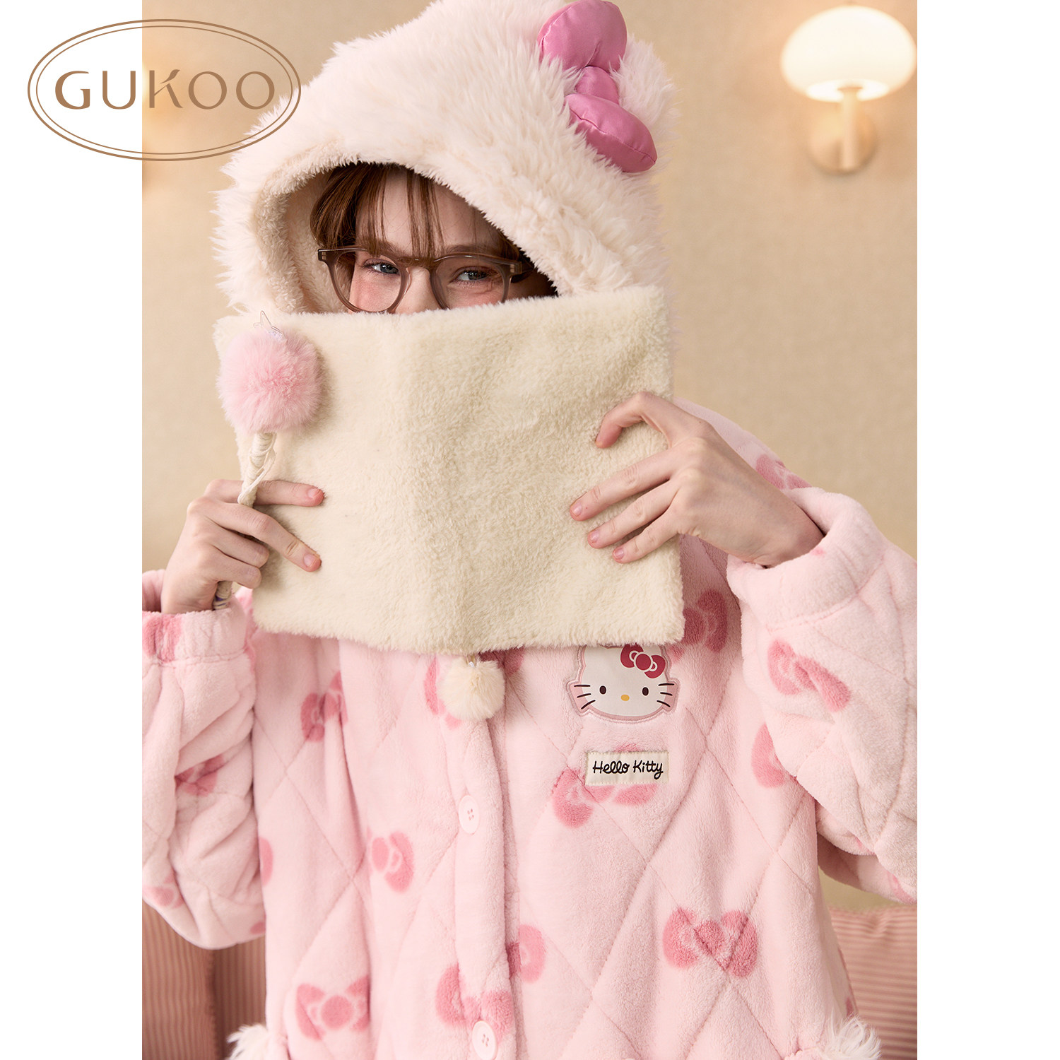 Gukoo/果壳睡袍冬季HelloKitty联名新款夹棉保暖女士家居服睡袍D,淘宝优惠券,粉丝福利购,淘宝优惠卷