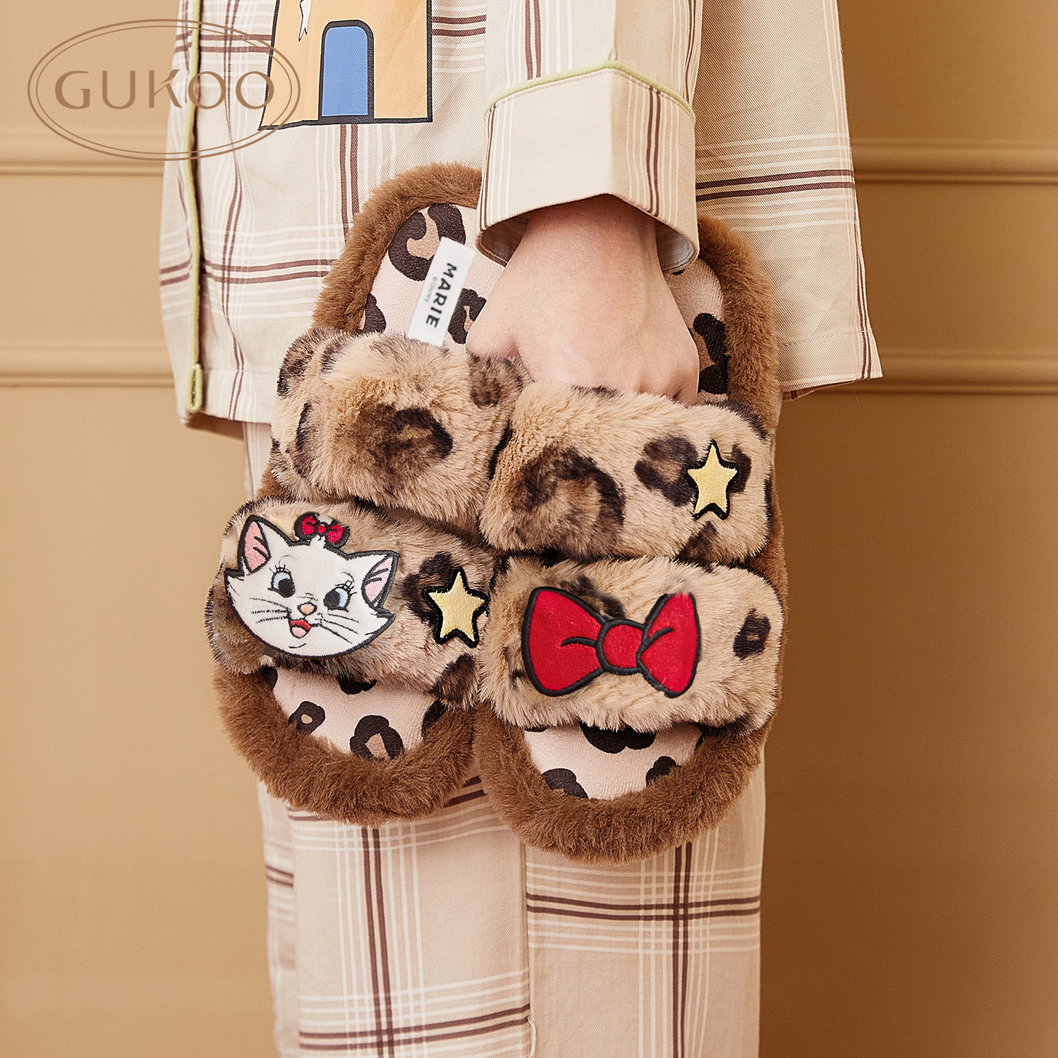Gukoo/果壳拖鞋女冬季毛绒保暖新款玛丽猫联名女士豹纹居家棉拖鞋,淘宝优惠券,粉丝福利购,淘宝优惠卷