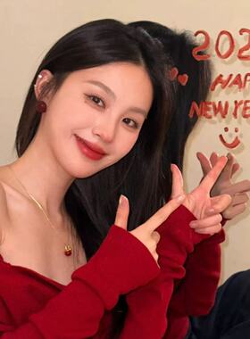 高级感安可拉红豆豆珍珠耳环女2025款新年红色纯银耳钉显白～耳饰