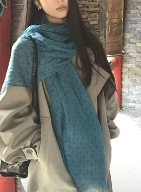文艺风穿搭~海青蓝肌理纹围巾女2026款秋冬棉麻保暖围脖百搭披肩