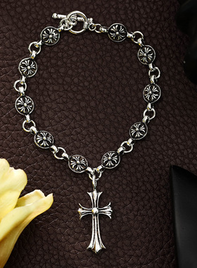 泰银复古个性潮流手链带十字架吊坠男女士嘻哈朋克小众高级感手饰