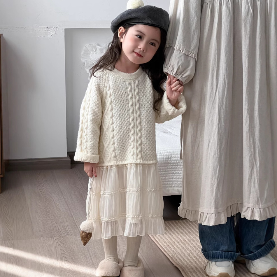 秋冬新款韩版童装女童毛衣拼接网纱公主裙女宝宝加厚针织连衣裙子 - 图0