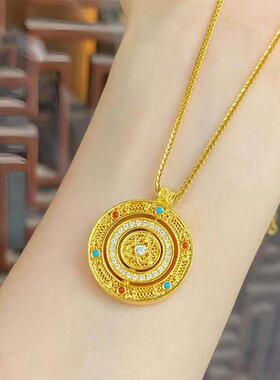 金店同款新中式古法沙金八宝圆盘可旋转项链女可转动罗盘吊坠项饰