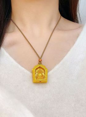 抖音同款古法沙金镶彩钻开盖嘎乌盒黄财神吊坠新中式风格财神项链