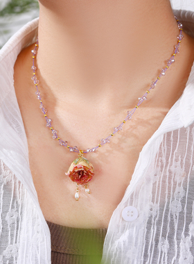 珞石紫水晶真花吊坠锁骨链女项链