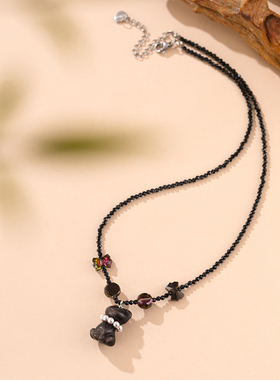 珞石新中式黑尖晶石猫狗锁骨链女
