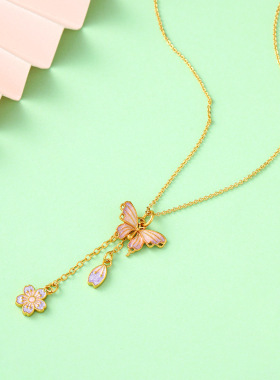 古法烧蓝珐琅蝴蝶项链女紫色桃花