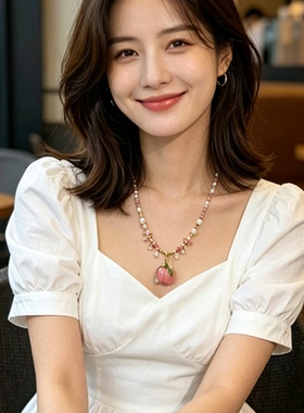 珞石红纹石粉晶珍珠串珠锁骨链女