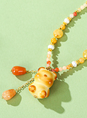 设计师款象牙果无脸熊串珠项链
