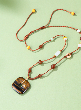 天然虎眼石月亮吊坠项链编绳男女