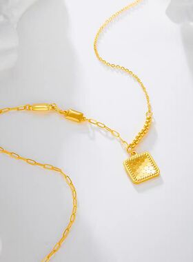 鱼鳞方牌吊坠黄铜镀金项链女款