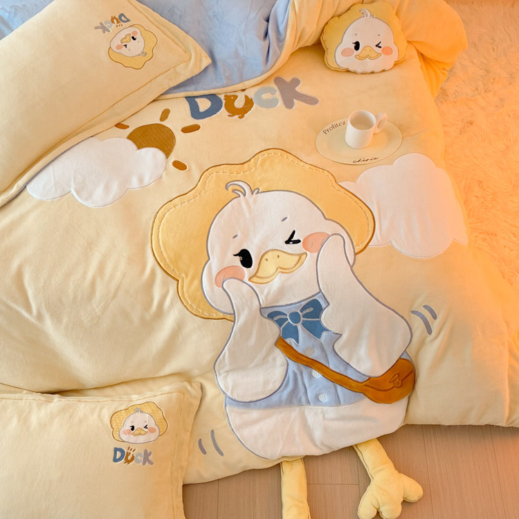 小鸭子牛奶绒四件套冬季加厚珊瑚绒卡通刺绣可爱风防静电儿童床品,淘宝优惠券,粉丝福利购,淘宝优惠卷