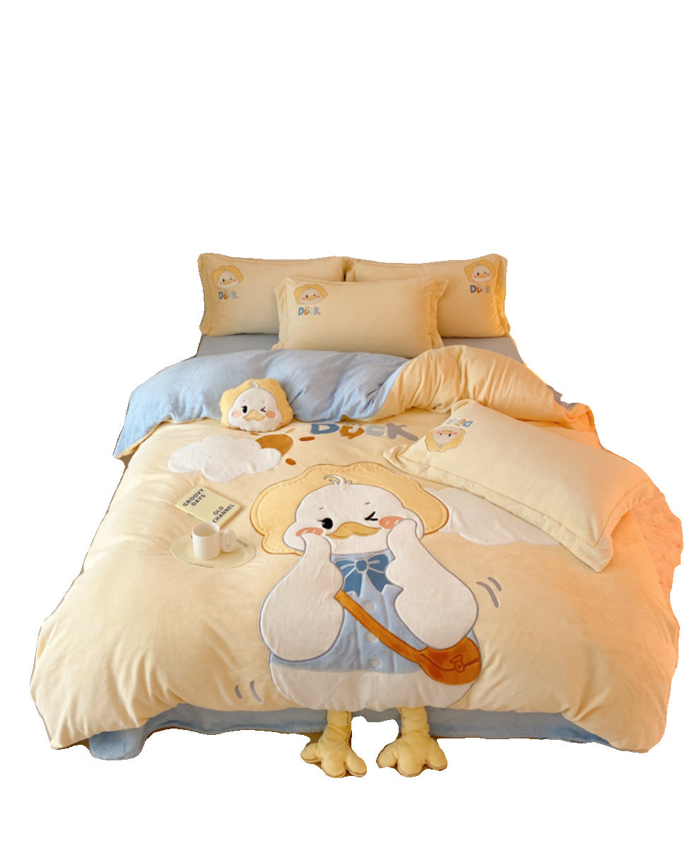 小鸭子牛奶绒四件套冬季加厚珊瑚绒卡通刺绣可爱风防静电儿童床品,淘宝优惠券,粉丝福利购,淘宝优惠卷