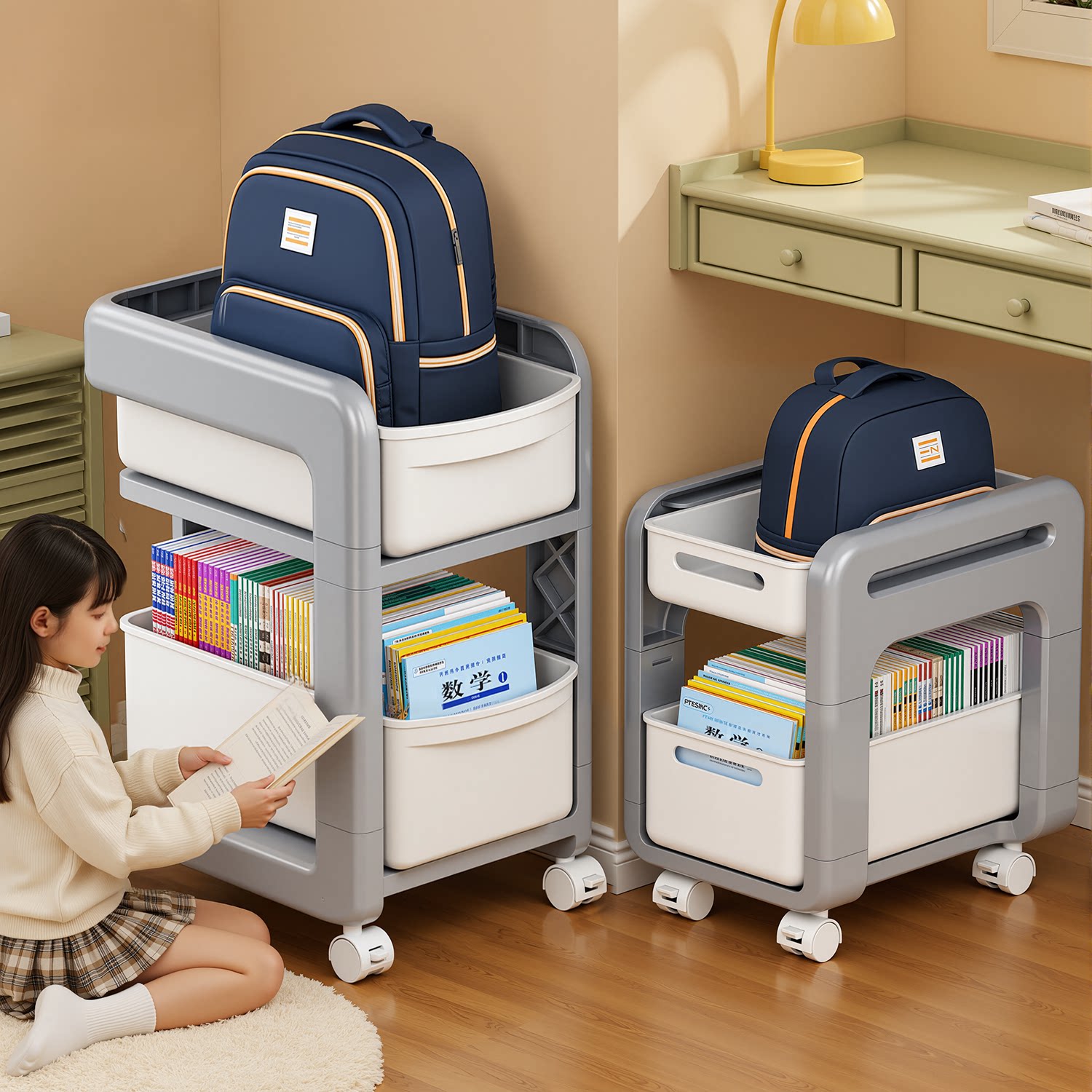 书包置物架多层塑料书本架可移动带轮小推车桌下落地放书包收纳架