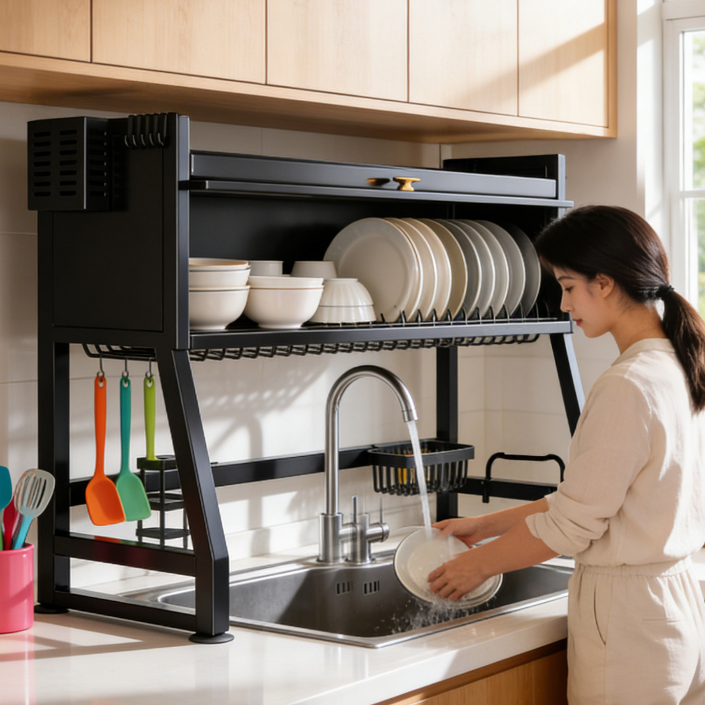 佳帮手厨房水槽置物架家用洗碗池多功能防尘碗柜收纳架碗碟沥水架