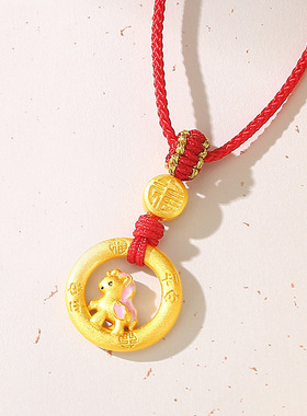 平安扣招财萌马福字情侣吊坠项链女款纯银金色小马生肖马红手绳男