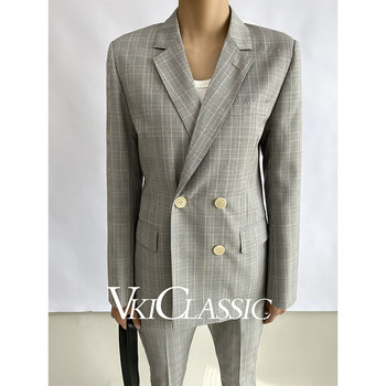 VKI reader bean paste color/Italian worsted wool classic plaid plaid slim suit for women