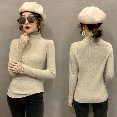 Демисезонный кружевной цветной трикотажный приятный телу свитер, высокий воротник, в западном стиле