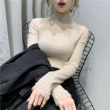 Кружевной демисезонный эластичный приятный телу трикотажный свитер, высокий воротник, в западном стиле