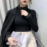 Кружевной демисезонный эластичный приятный телу трикотажный свитер, высокий воротник, в западном стиле