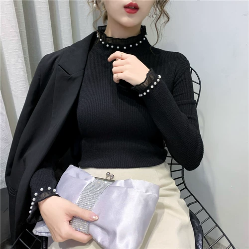 Кружевной демисезонный эластичный приятный телу трикотажный свитер, высокий воротник, в западном стиле