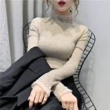 Кружевной демисезонный эластичный приятный телу трикотажный свитер, высокий воротник, в западном стиле