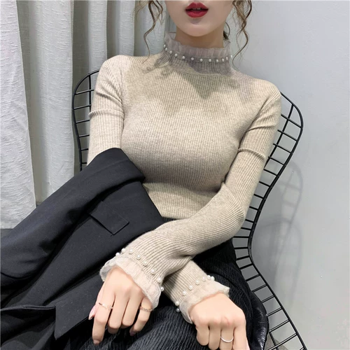 Кружевной демисезонный эластичный приятный телу трикотажный свитер, высокий воротник, в западном стиле