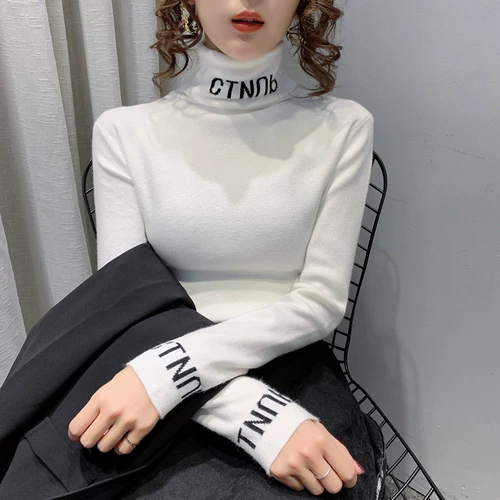 Демисезонный базовый приятный телу цветной трикотажный утепленный свитер, коллекция 2023, высокий воротник, в западном стиле, облегающий крой