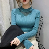 Кружевной демисезонный однотонный свитер, приятный телу трикотажный лонгслив, высокий воротник, в западном стиле