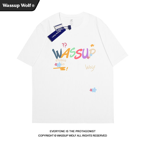 Wassup Wolf美式复古趣味彩色短袖T恤男夏季纯棉百搭情侣潮牌上衣 - 图0