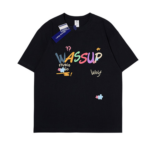 Wassup Wolf美式复古趣味彩色短袖T恤男夏季纯棉百搭情侣潮牌上衣 - 图3