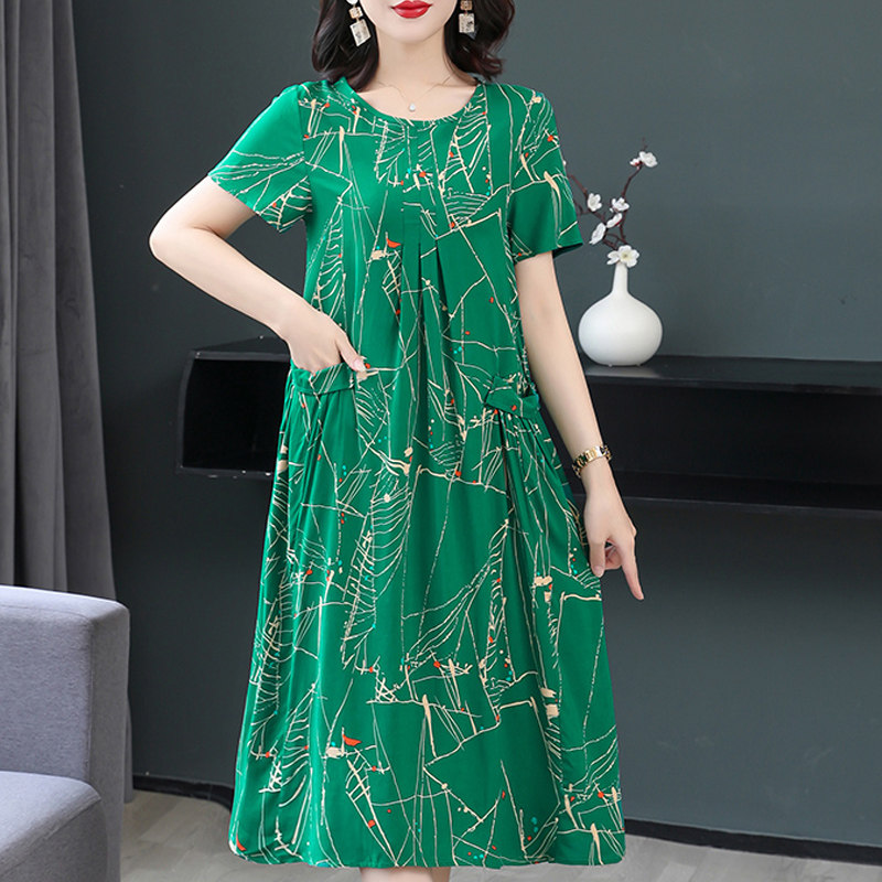 妈妈夏装棉绸大码宽松短袖连衣裙 锦雪飞虹服饰中老年女装