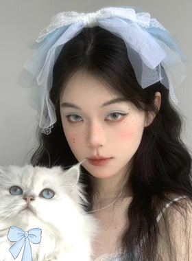 超仙蓝色蕾丝多层蝴蝶结发夹