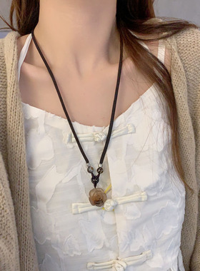 山茶花朵吊坠黑绳项链女