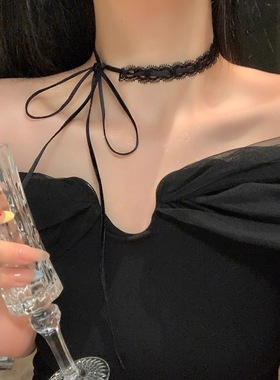 黑色蕾丝蝴蝶结项链女