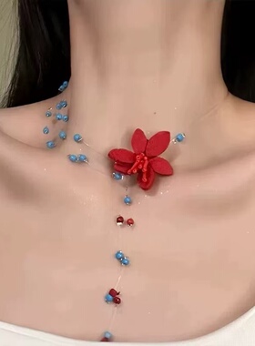 复古辣妹红蓝串珠choker锁骨链女