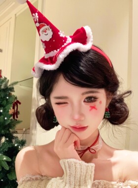 可爱毛绒红色圣诞帽发箍女