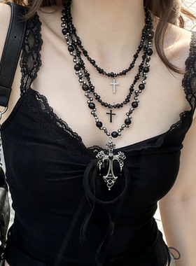 暗黑哥特风黑色十字架串珠项链