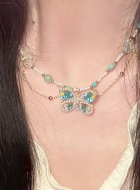 超仙蓝绿色蝴蝶串珠项链