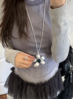复古冷淡风银色花朵项链女