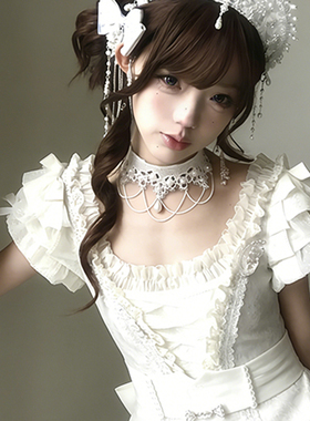 法式白色仿珍珠蕾丝项链女