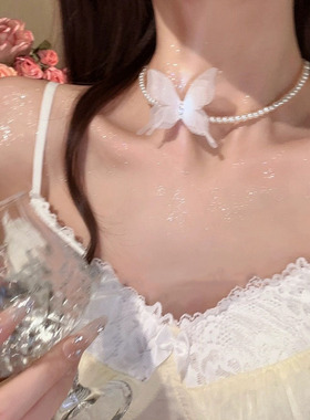 纯欲风网纱蝴蝶珍珠项链女